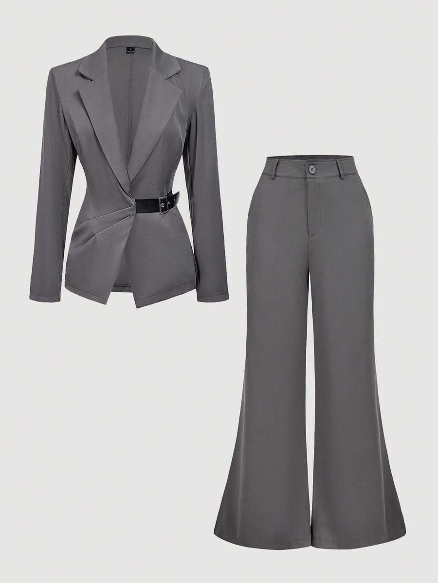 SHEIN MOD Women's Simple Commuter Notched Collar Cinched Waist Blazer And Flare Pants Suit, Women Suit Set, Grey Two Pieces Set Women,Bell Bottom In Fall/Winter - Grey - View 1