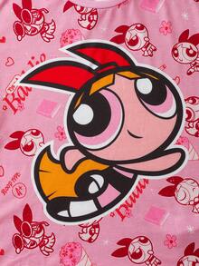 THE POWERPUFF GIRLS X SHEIN Tween Girl 3pcs Cute Cartoon Pattern Loose Fit Dropped Shoulder Long Sleeve Knit T-Shirts In Pink, Blue, Green Cartoon Shirts For Kids Tween Girl Power Puff Pjs - Multicolor - View 6
