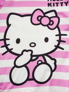 HELLO KITTY AND FRIENDS | SHEIN 2 件套少女可爱卡通小猫心形印花条纹拼色圆领长袖上衣和裤子睡衣套装 - 粉色 - 查看 5