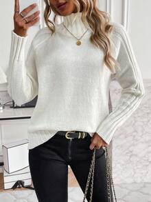 SHEIN LUNE 秋冬休闲纯色立领毛衣 - 米色 - 查看 5