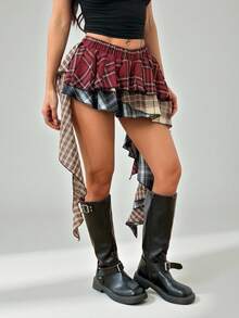 SHEIN PETITE 不对称格子拼布百褶裙，节日气氛，圣诞节和新年红色格子拼布 - 彩色 - 查看 4