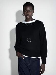 Chiquease pull en tricot noir à col rond, manches bouffantes, perles, décontracté et polyvaleance pour femmes - Noir - Voir 4