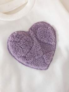 3pcs/Set Baby Girls Winter Outfit, Includes Ribbed Crew Neck Long Sleeve Sweatshirt With Heart Embroidery, Casual Sweatpants With Furry Trim, And Sleeveless High Neck Zipper Sweatshirt - Purple - View 8