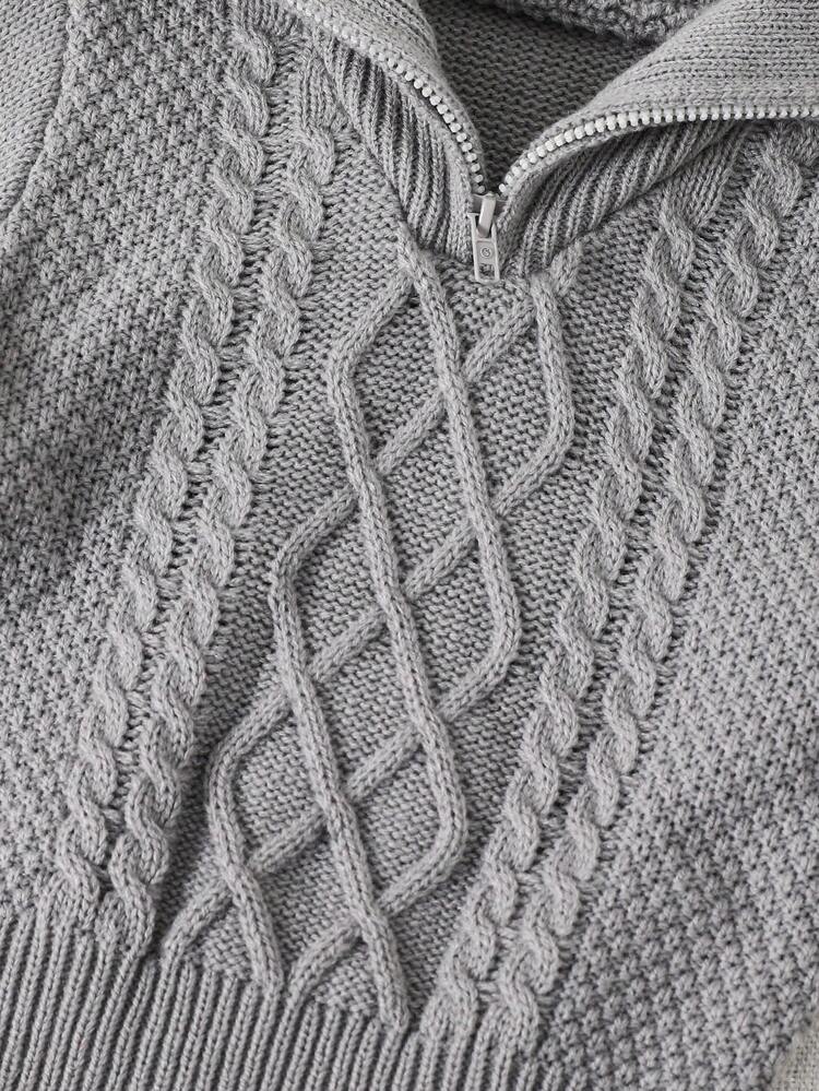 SHEIN Baby Boy/Girl Burgundy Autumn/Winter Collegiate Vintage Textured Intarsia Knit Solid Color Soft Mock Neck Zip-Up Long Sleeve Pullover Top, Soft & Comfortable For School, Home, Outings, New Year - Light Grey - View 3