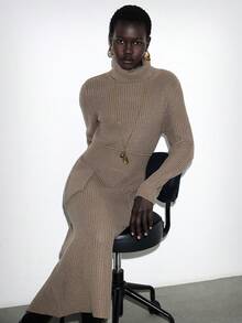 Lumivelle Women's High Collar With Pocket Fashion Versatile Simple Sweater Dress