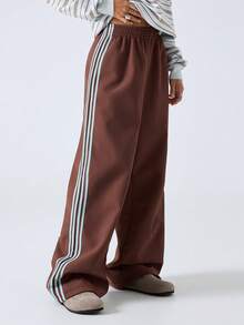 LYSMO 2025 Nouveaux arrivages Pantalon de sport décontracté femme minimaliste marron à rayures colorées larges avec doublure thermique pour sortir, streetwear et collection de style Stockholm élégante pour le Nouvel An et Noël - Marron fonçé - Voir 3