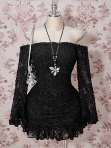 SHEIN ICON Plus Size Black Autumn Elegant Formal Evening Wedding Guest Mini Dress,Y2K Floral Textured Off-Shoulder Flared Sleeve Slim Fit Ruffled Hemline - Black - View 1