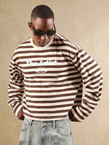 SUMWON 短款修身长袖落肩条纹T恤，饰有文字Logo，休闲街头风 - 彩色 - 查看 5