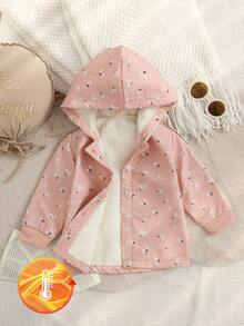 SHEIN Playful Pals Baby Girl Casual Everyday Commute Vacation Polka Dot & Ditsy Floral Thermal Lined Hooded Jacket, Autumn/Winter - Multicolor - View 1
