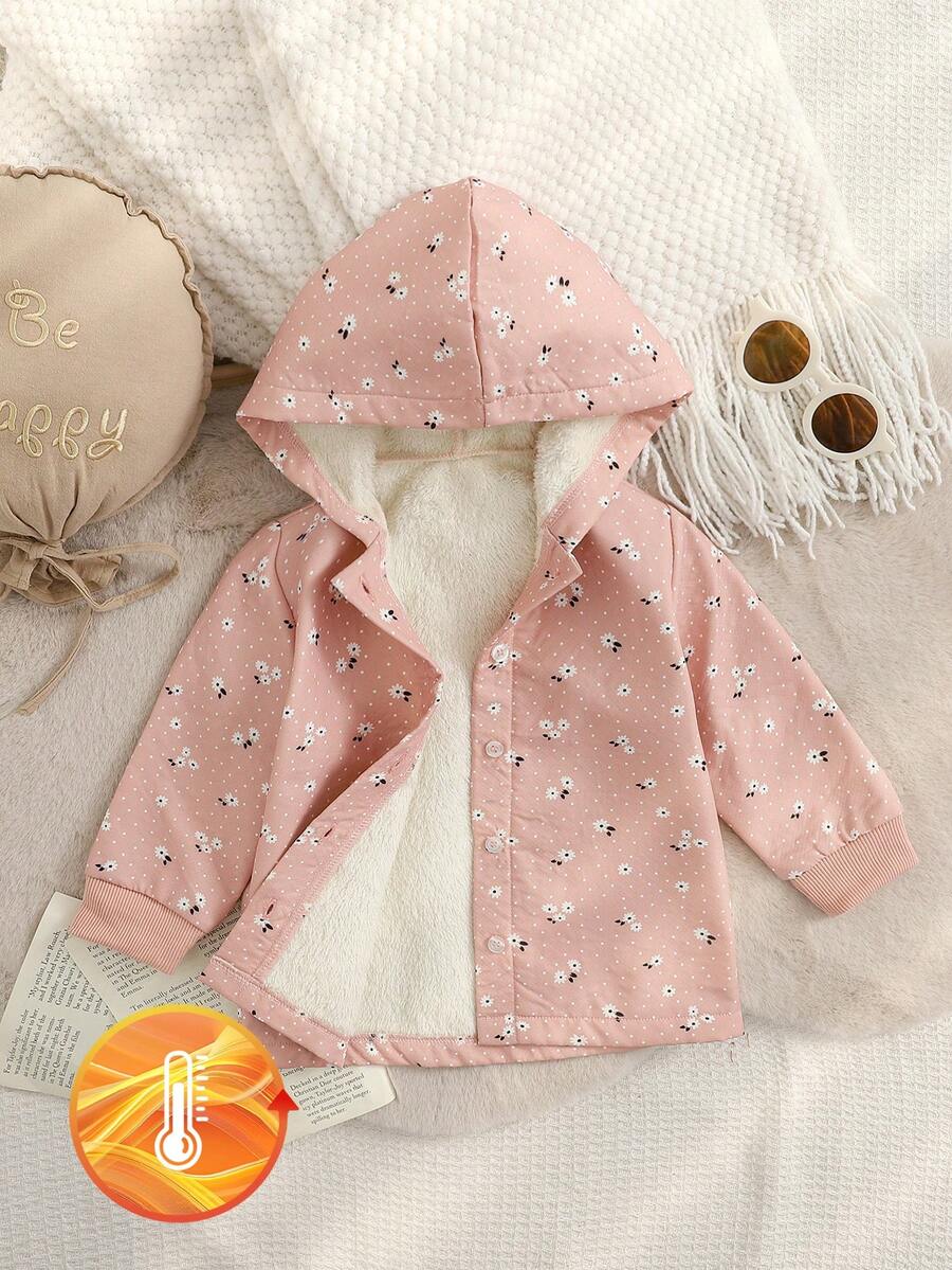 SHEIN Playful Pals Baby Girl Casual Everyday Commute Vacation Polka Dot & Ditsy Floral Thermal Lined Hooded Jacket, Autumn/Winter - Multicolor - View 1