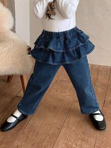 Dazy Kids 年轻女孩休闲水洗牛仔裤，带荷叶边裤脚