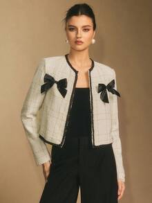 Poéselle Áo khoác nữ mùa thu tay dài dáng suông, chất liệu tweed ánh kim với nơ tương phản, áo blazer nữ, áo khoác tweed nữ, trang phục nơ Giáng sinh, áo khoác mặc cùng váy. - Đen và trắng - Xem 4