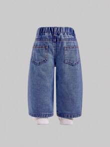 女婴时尚雪花水洗做旧花卉刺绣阔腿牛仔裤 - 中等水洗藍 - 查看 2