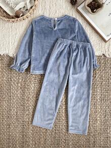 Girls Fleece Pajama Set, Blue Solid Color Sweet Floral Print, Frill Trim, Teardrop Button Back Design, Casual Long Sleeve Top And Pants, Autumn/Winter Home Wear Ruffle Pajamas Toddler Co Ord 2pcs Set Toddler Girls Cute Vintage Style Toddler Two Pieces Set Blue Kids Outfit - Blue - View 2