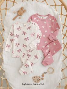 Cozy Pixies 4 pezzi Set pigiama da bambina con maglietta a girocollo in maglia morbida con cuori e fiocchi, e leggings in vita elastica, aderente - Rosa - Visualizzare 6