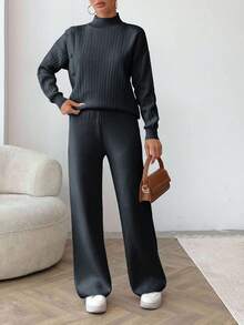 EURMUSE Women Solid Color Button Detailed Mock Neck Drop Shoulder Pullover & Sweater Pants Set,Petite,Winter Clothes - Dark Grey - View 4
