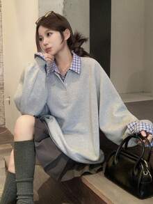 DAZY 女式格子拼接休闲长袖运动衫秋冬 - 灰色 - 查看 8