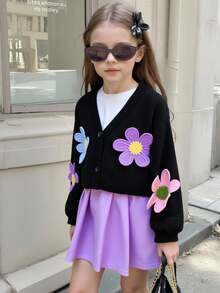 Elladie kids 2 件套少女套装：花卉图案针织开衫和百褶裙，时尚甜美休闲装，Ins 灵感时尚 - 黑色 - 查看 5