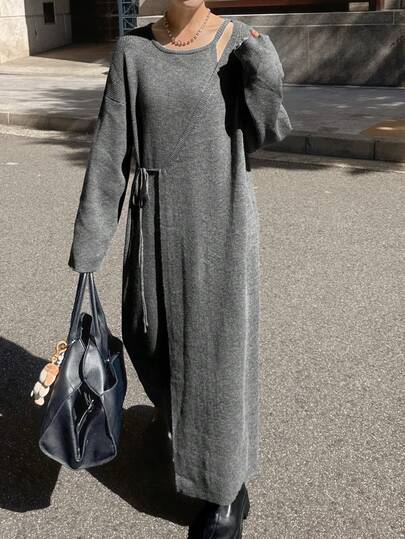 FRIFUL 女士纯色不规则领口落肩长袖腰部系带抽绳直筒宽松休闲百搭毛衣连衣裙，秋冬款