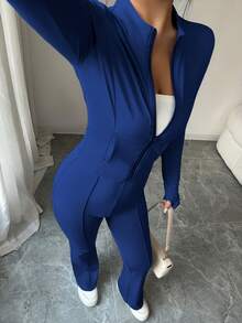 INAWLY Women's Tight-Fitting Zip-Up Cropped Jacket With Mandarin Collar And Flared Pants 2 Pieces Set - Navy Blue - View 8