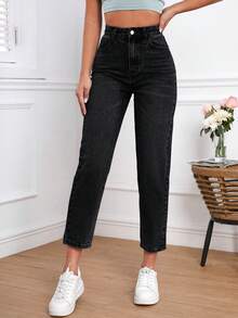 Casual Washed High Waist Tapered Jeans Black - Black - View 6