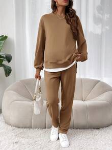 SHEIN Bộ 2 chiếc áo nỉ và quần chắp vá nhiều màu sắc thường ngày dành cho bà bầu, mùa thu - Cà phê nâu - Xem 6