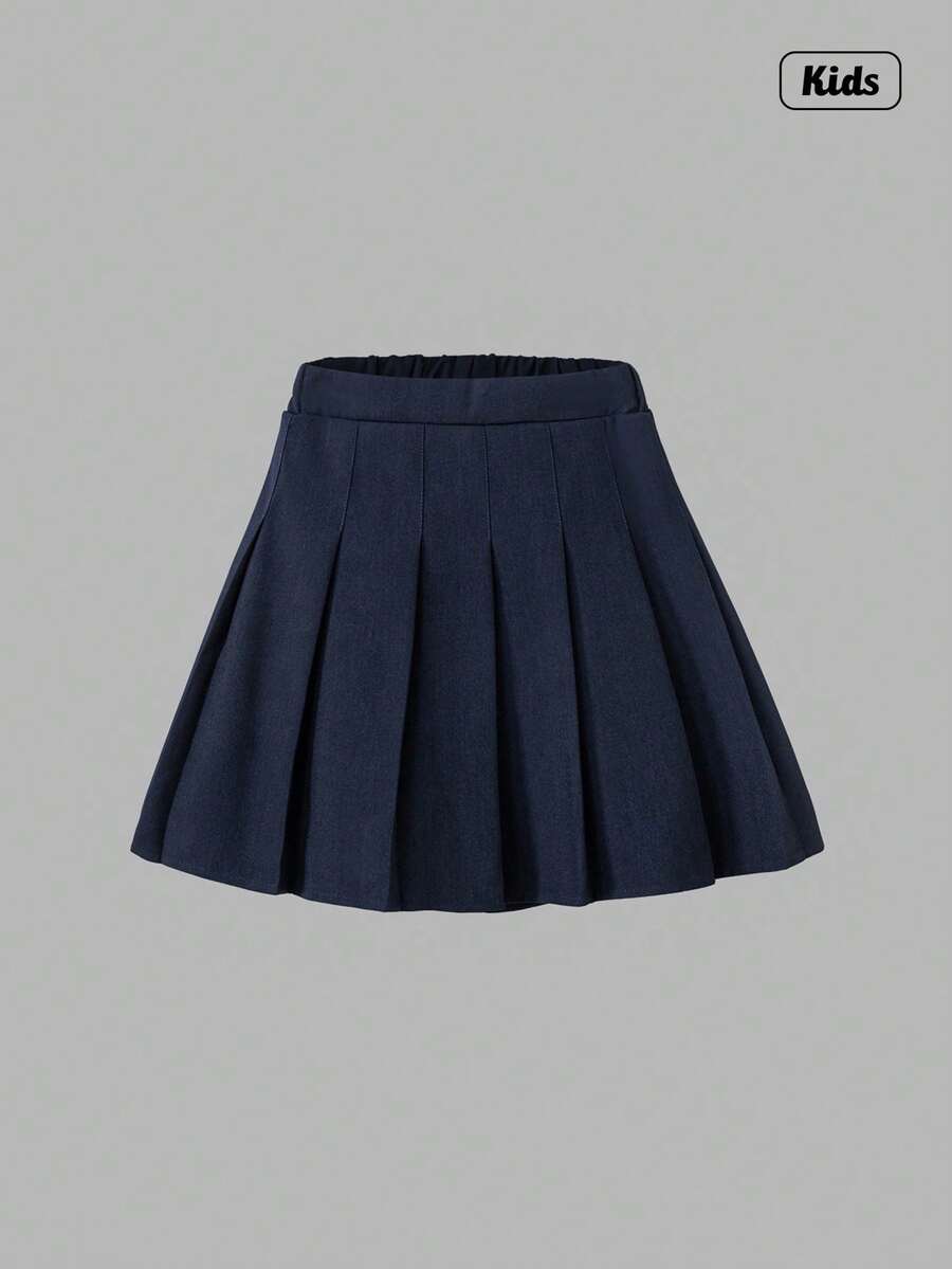 Sweetra 青少年女孩纯色褶饰短款休闲裙，适合度假、夏季、旅行 - 藏蓝色 - 查看 1
