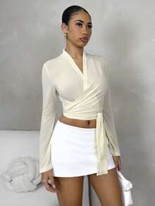 Glamine Blusa de manga larga con cuello en V profundo de unicolor y estilo minimalista, para uso diario