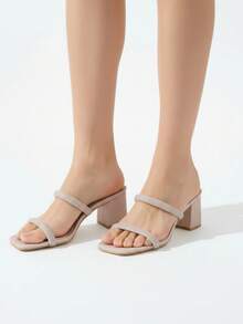 Sandalia de tacón ancho para mujer, punta cuadrada con tiras brillantes, estilo moderno para fiesta y uso casual - Rosa - Ver 2