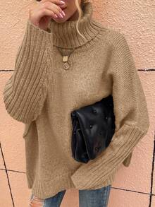 Chiquease 女士休闲高领纯色落肩宽松毛衣秋冬新年衣服 - 卡其色 - 查看 4