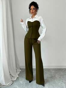 Rafferiza 两件套撞色修身衬衫和裤子 - 軍綠色 - 查看 3
