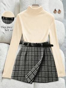 Franclia 优雅女士黑色针织高领紧身衣搭配复古格子修身短裙，配黑色腰带，两件套，秋季 - 米色 - 查看 4