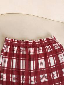 SHEIN 2 件套青少年女孩休闲格子图案 V 领半开领荷叶边长袖上衣和裤子柔软舒适睡衣套装 - 彩色 - 查看 6