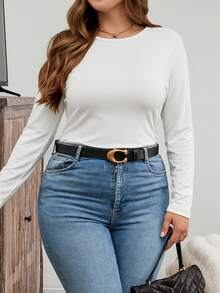 SHEIN LUNE 加大码冬季加厚圆领修身长袖保暖T恤，休闲日常假日穿着 - 白色 - 查看 3