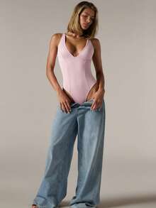 SHEIN BAE 女式性感深V领连体裤，夏季 - 粉色 - 查看 7