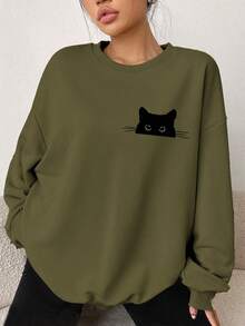 SHEIN EZwear 可爱黑猫偷窥图案休闲简约印花圆领宽松加厚长袖卫衣，适合秋冬季穿着 - 軍綠色 - 查看 7
