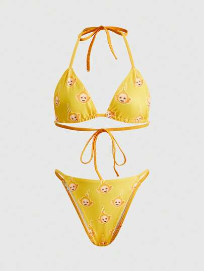 Teletubbies X ROMWE Conjunto de sujetador sin aros y pantie con estampado de dibujos animados para mujer