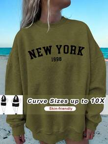 SHEIN CURVE+ 秋冬大码休闲宽松纽约图案圆领长袖女式运动衫 - 軍綠色 - 查看 9