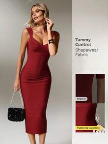 Nuvra Women's Fitted Waist Ribbed Knit Burgundy Midi Bodycon Party Dress