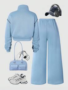 SHEIN Explorewe Streecool 青少年女孩秋冬时尚休闲简约拉链领长袖连帽衫和宽松阔腿裤 2 件套 - 藍色 - 查看 3