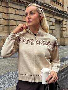 Vivie Lora Cárdigan de punto casual de mujer con cuello y estampado geométrico - Beis - Ver 2
