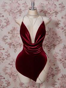 SHEIN ICON Plus Size Velvet Exaggerated Plunging Neckline Rhinestone Decor Backless Criss-Cross High Slit Mini Dress/Christmas