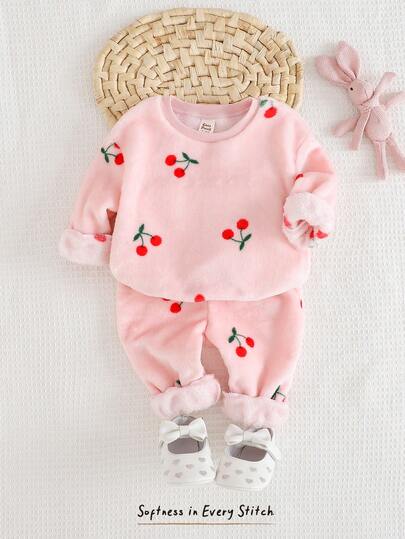 Cozy Pixies 2pcs Baby Girl Thermal Lined Crew Neck Long Sleeve Top And Elastic Waist Pants Set