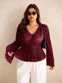 Elaquor 大码女式V领喇叭袖褶皱腰部系带上衣 - 酒紅色 - 查看 6