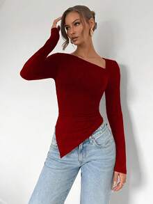 SHEIN PETITE Áo thun dài tay dáng ôm màu trơn cổ nhún thanh lịch dành cho nữ, Xuân/Thu - Màu Đỏ Sâu - Xem 1