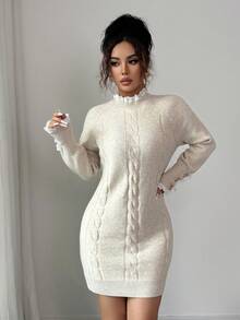 SHEIN PETITE Elegant Long Sleeve Twist Rope Crew Neck Lace Trim Apricot Knit Sweater Dress For Commuting, Autumn/Winter - Apricot - View 7