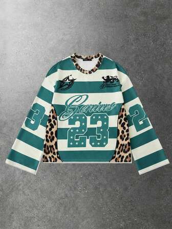 Street Life Maglietta a maniche lunghe da uomo con stampa a righe a contrasto e motivo leopardato, vestibilità ampia