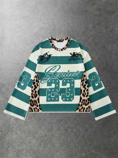 Street Life Men's Contrast Stripe & Leopard Print Patchwork Loose Fit Long Sleeve T-Shirt