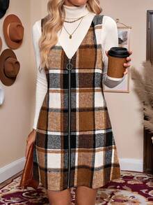 LanaWest Women's Plaid V-Neck Zip-Up Sleeveless Dress, Fall/Winter - Coffee - View 1