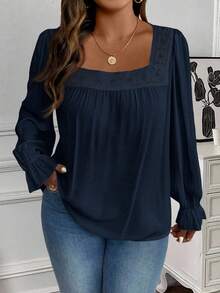 Breezaya Blus Fashion Longgar Lengan Panjang Berenda Kontras untuk Wanita Ukuran Plus - Navy Blue - View 5